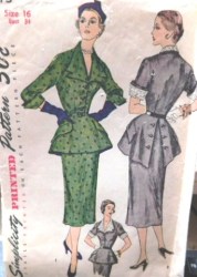 8373 Simplicity 1951 One Piece Peplum Dress, Detachable Collar, Cuffs Pattern 16 34B